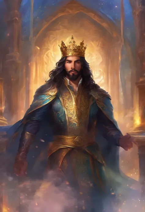 Man, A king, black hair, with crown,  beard, wearing king outfit, in castle, 8k