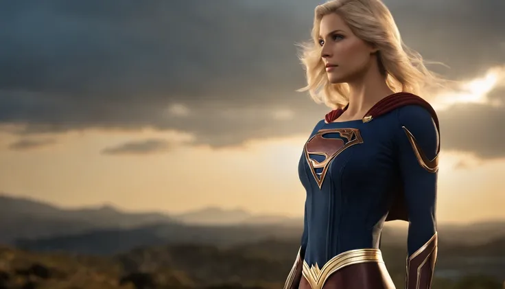 Supergirl (((Vista do rosto para a cintura::1. 4))), textura de pele realista, Front view::1.0, (((Final Fantasy aesthetic style))) em complexo & Traje de fantasia hiper detalhado (((efeito de brilho selvagem))), panoramic photo::1, Golden Hour Lighting, C...