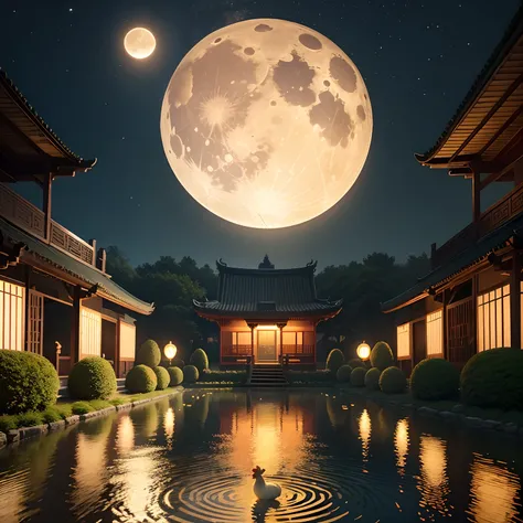 Mid-Autumn Festival，Moon-viewing garden，Flocks of chickens and ducks，dense with greenery。

Golden moon，Kyaukjie Yinhua，Reflecting the greenery，Flashing chickens and ducks。

Reunion，and Kazumimi，Happy Mid-Autumn Festival，Wonderful moon viewing。