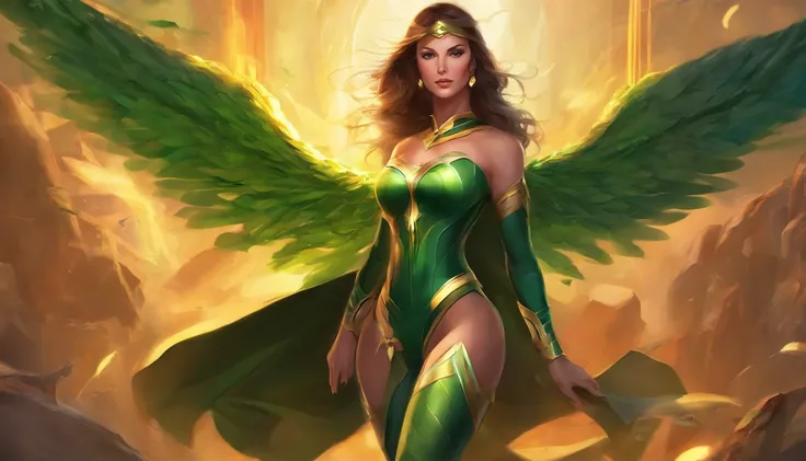 a sexy beautiful superheroine, brown hair, olhos verdes, malha verde com uma borda externa preta, The Leotard has an opening in the chest area,. capa vermelha, faixa vermelha com medalha de ouro no centro, wears high-kneeled boots that are black at the top...