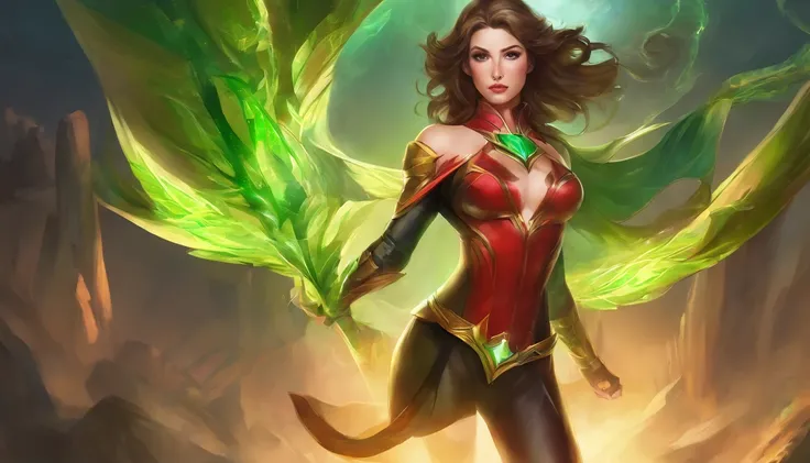 a sexy beautiful superheroine, brown hair, olhos verdes, malha verde com uma borda externa preta, The Leotard has an opening in the chest area,. capa vermelha, faixa vermelha com medalha de ouro no centro, wears high-kneeled boots that are black at the top...