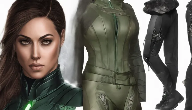 a sexy beautiful superheroine, brown hair, olhos verdes, malha verde com uma borda externa preta, The Leotard has an opening in the chest area,. capa vermelha, faixa vermelha com medalha de ouro no centro, wears high-kneeled boots that are black at the top...