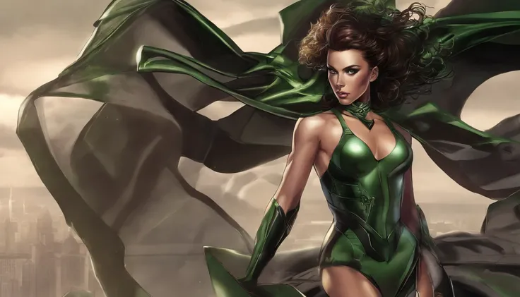 a sexy beautiful superheroine, brown hair, olhos verdes, malha verde com uma borda externa preta, The Leotard has an opening in the chest area,. capa vermelha, faixa vermelha com medalha de ouro no centro, wears high-kneeled boots that are black at the top...