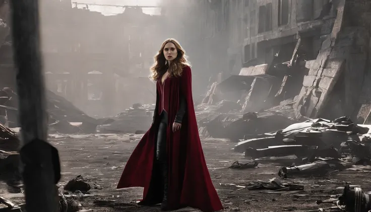 Elizabeth Olsen is Marvels Scarlet Witch, fisiculturista, super forte, musculoso, com abdominais, vestindo uma malha vermelha sem mangas, pink tights, Red boots and opera gloves, a red cape with a bow around his neck and a helmet framing his face, with the...