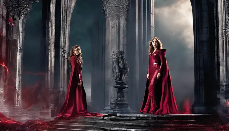 Elizabeth Olsen is Marvels Scarlet Witch, fisiculturista, super forte, musculoso, com abdominais, vestindo uma malha vermelha sem mangas, pink tights, Red boots and opera gloves, a red cape with a bow around his neck and a helmet framing his face, with the...