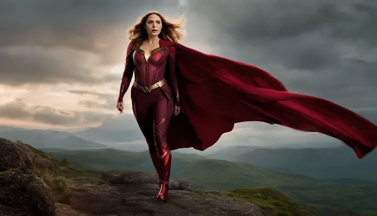 Elizabeth Olsen is Marvels Scarlet Witch, fisiculturista, super forte, musculoso, com abdominais, vestindo uma malha vermelha sem mangas, pink tights, Red boots and opera gloves, a red cape with a bow around his neck and a helmet framing his face, with the...