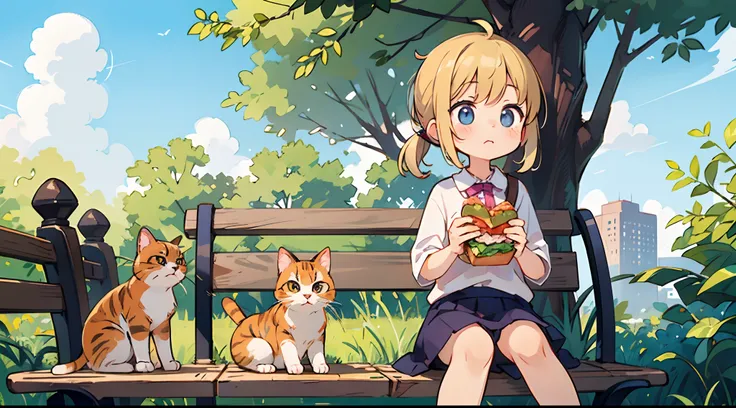 longshot、Kawaii Girl、Sitting on a park bench in summer、Eat a sandwich for lunch、A cat came to me