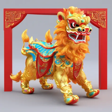 Chinese lion dance side，a blind box toy, Glossy and delicate,Clean background, Good glossy 3D rendering,Best quality