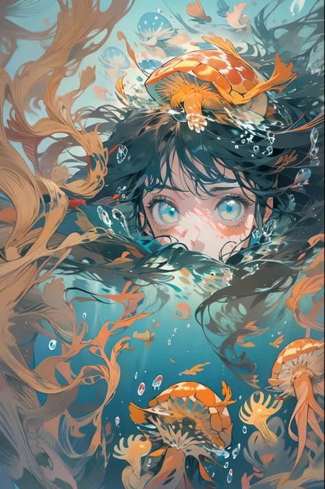 ((masterpiece,best quality)),(negative space:1.2),(1girl, solo:1.4),beautiful detailed eyes,floating hair, underwater, bubble, fish, (jellyfish), fluorescence,sea turtle, seaweed,