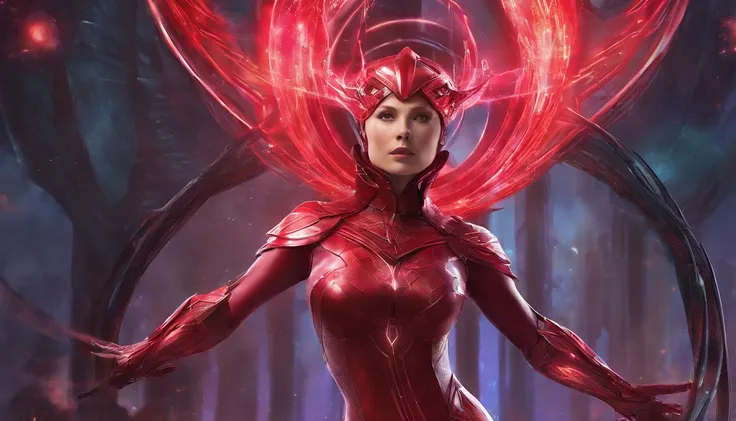 "An artistic depiction of the Scarlet Witch transformed into a mystical and technologically advanced robot. The art style combines the warping abilities of reality and the sorceress presence of the Scarlet Witch with the advanced design of a robot. The rob...