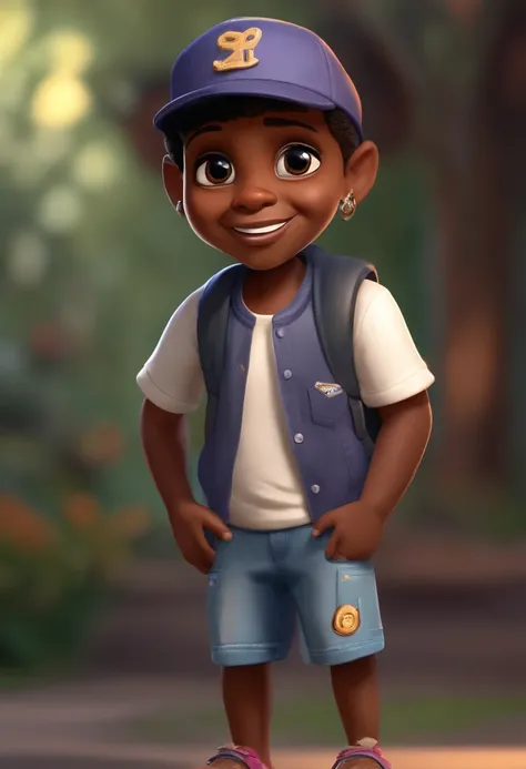 cartoon caricature, adorable, wearing shorts and a t-shirt, wearing cap, beautiful black boy standing full length, 35mm lens, with big eyes, smiling, little ears, intense colors, super valuable details, intricate details, volumetric lighting, digital art, ...