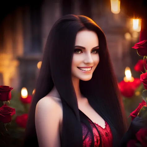 a vampire in love,long flowing hair,blood-red eyes,sharp fangs,listening to classical music in a moonlit garden,a mesmerizing smile,black lace dress,gently holding a red rose in her hand,the rose petals falling like drops of blood(best quality,ultra-detail...