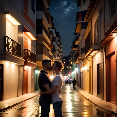 Dois homens brasileiros de cabelos escuros se beijando na rua a noite.