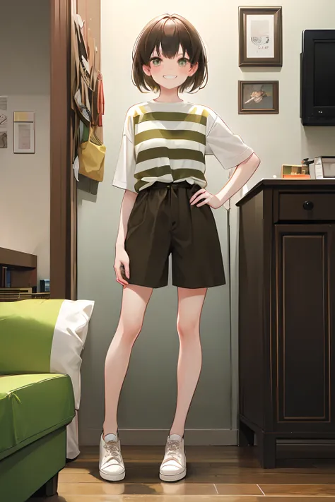 Under the legend，Chara，girl，sexy for，Yellow-green striped shirt，brown shorts，blacksilk，Small leather shoes，grin，Blushlush，stand posture，with short brown hair