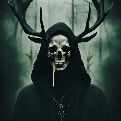 (a person wearing a black hooded robe and a satanic deer skull,a wax candle),(best quality,highres,gloomy,horror,satanic,dark color scheme),dimly lit background,gloomy atmosphere,flickering candle light,creepy vibes,detailed robe texture,dark and mysteriou...