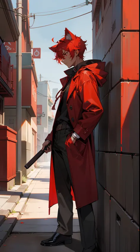 1boy,20s,dark skin,serious face,red overcoat with hooded,red casual blouse,red pants, red hair,short hair,red eyes,cat ears,((standing in a street in suburbs)),cowboy shot