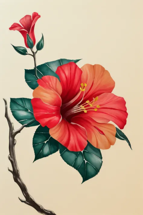 hibiscus flower blooming on a gnarled branch against a grey background, simple background, in the style of light orange and light beige, minimalist images, photography installations, paleocore, green and crimson, hyper-realistic, poetic intimacy, Chinese p...