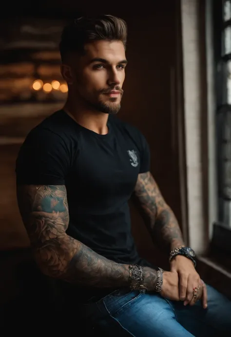 homem lindo com tatuagem , jeans and black t-shirt , rosto liso