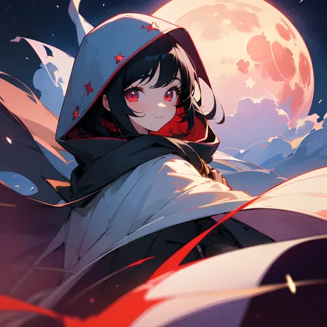 Beautiful illustration、top-quality、girl with、Black hair、shorth hair、A slight smil、(((Delicat eyes)))、red eyes、Wearing a hood、a moon、Beautiful night sky with stars