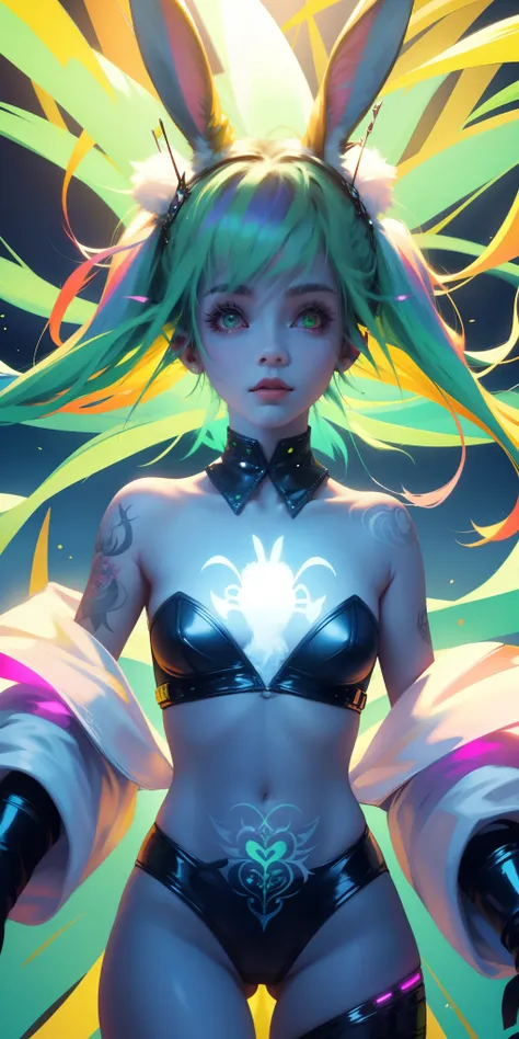 Rabbit technique , sci-fy, Fluffy , 
1girll, Tattoos, Glowing tattoos, Glowing eyes, Colorful glowing hair , （full bodyesbian）, Green hair,Open navel
  Kavitek, Pastel colors, kawaii, cutecolors,