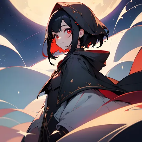 Beautiful illustration、top-quality、girl with、Black hair、shorth hair、A slight smil、(((Delicat eyes)))、red eyes、Wearing a hood、a moon、Beautiful night sky with stars