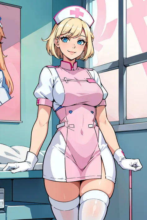 1woman, nurse, tight nurse uniform, nurse cap, white wear, ((white legwear, zettai ryouiki)), white gloves, blonde hair, blue ey...