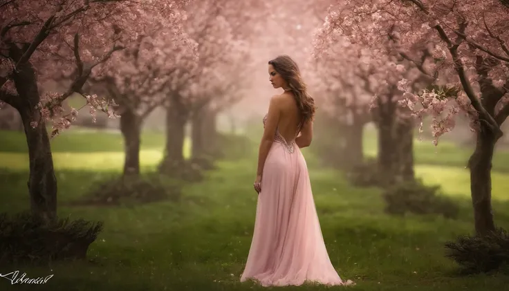 A woman in a light pink dress standing in a cherry forest, Artgerm, paisagem realista, Artgerm detalhado, olhos perfeitos, rosto perfeito, Ultra Detalhado, tiro de corpo inteiro, (Skindentation: 1.5), realista, realista, (obra-prima: 1.5), arte conceitual,...