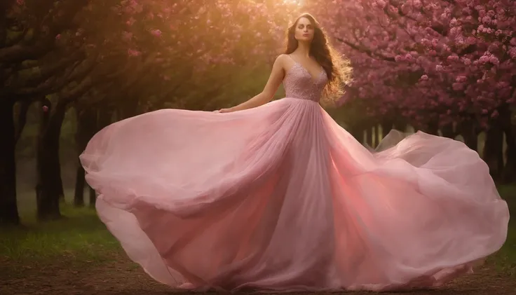 A woman in a light pink dress standing in a cherry forest, Artgerm, paisagem realista, Artgerm detalhado, olhos perfeitos, rosto perfeito, Ultra Detalhado, tiro de corpo inteiro, (Skindentation: 1.5), realista, realista, (obra-prima: 1.5), arte conceitual,...