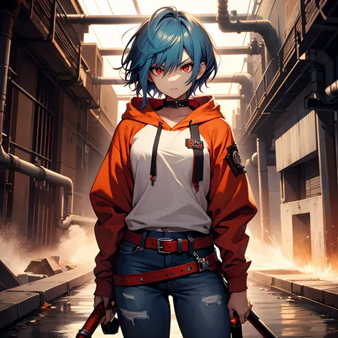 (1girl), (solo), blue hair girl, (high quality), slim body, orange hoodie, short hair, serious face, big red eyes, skirt jeans, red belt, holding a metal pipe as a weapon, high detailed