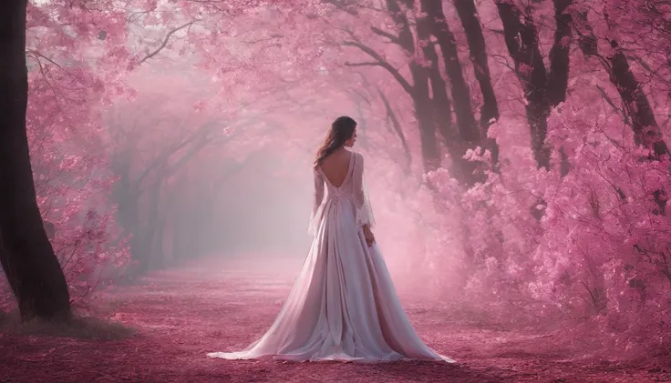 A woman in a light pink dress standing in a cherry forest, Artgerm, paisagem realista, Artgerm detalhado, olhos perfeitos, rosto perfeito, Ultra Detalhado, tiro de corpo inteiro, (Skindentation: 1.5), realista, realista, (obra-prima: 1.5), arte conceitual,...