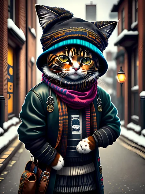 picture of a cat in a hat and scarf, art station trend, dressed in punk clothes, hyper realistic detailed rendering, british gang member, urban style, intimidating pose, planet of cats, fashion clothes, urban samurai, meow, west slavic traits, 8 1 5