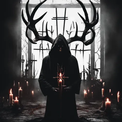 (a person wearing a black hooded robe and a satanic deer skull,a wax candle),(best quality,highres,gloomy,horror,satanic,dark color scheme),dimly lit background,gloomy atmosphere,flickering candle light,creepy vibes,detailed robe texture,dark and mysteriou...