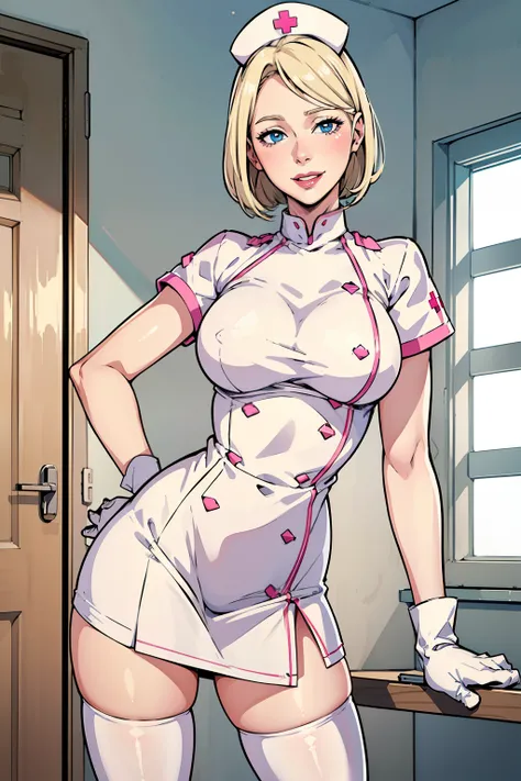 1woman, tight nurse uniform, Nurse, Nurse Cap, Whiteware, ((White legwear, zettai ryouiki)), White Gloves, Blonde hair, Blue eyes, pink lipsticks, Smile, Standing, hospitals, sharp outline, Short sleeves, a mature female, 35 year old, Best Quality, masterp...