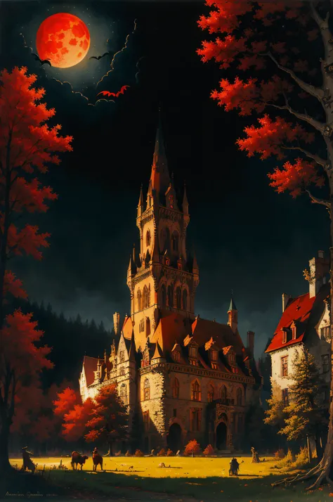 Fantastic art, absurdity, high resolution, masterpiece, best quality, Alois Arneg, Antoine Blanchard, castle, forest, big red moon, night, vampire