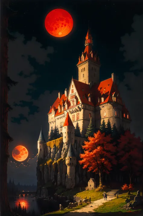 Fantastic art, absurdity, high resolution, masterpiece, best quality, Alois Arneg, Antoine Blanchard, castle, forest, big red moon, night, vampire