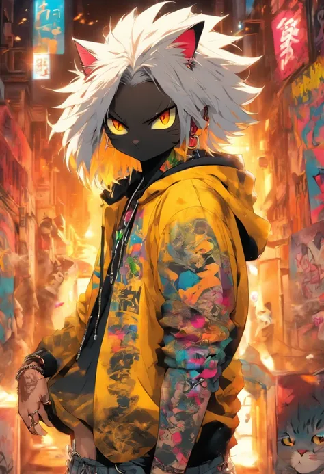 A cool and trendy cat, white hair, yellow eyes, wearing trendy hip hop clothing, wearing a hoodie, graphic t-shirt and torn jeans, tons of tattoos and piercings, graffiti style background, highly detailed background, perfect masterpiece, high quality, high...