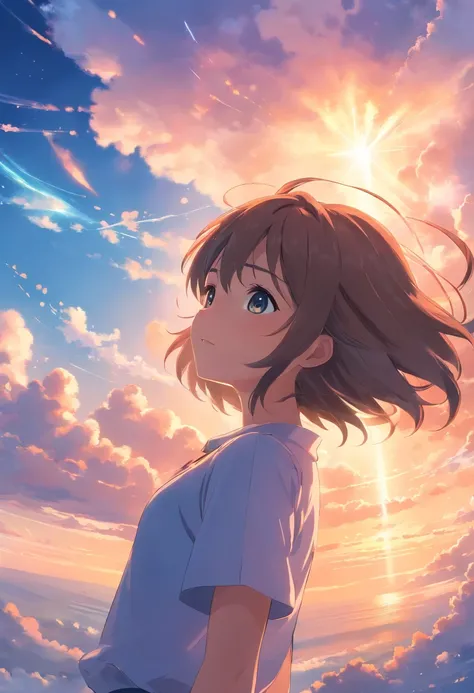 masterpiece, best quality, movie still, 1girl, cloud girl, floating in the sky, close-up, bright, happy, warm soft lighting, sunset, (sparks:0.7)