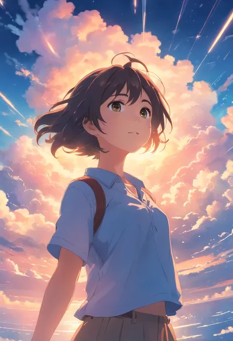 masterpiece, best quality, movie still, 1girl, cloud girl, floating in the sky, close-up, bright, happy, warm soft lighting, sunset, (sparks:0.7)