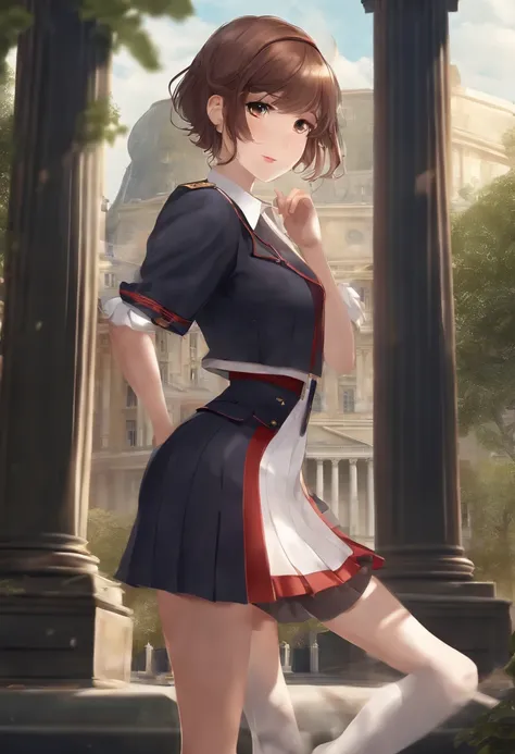 (Masterpiece), (Best Quality), (1 Girl), Girl in Royal Detective England School Uniform , Cool Pose, school Background,between the background pillars ,Hair Color #B0D9B1 , Short Hair,