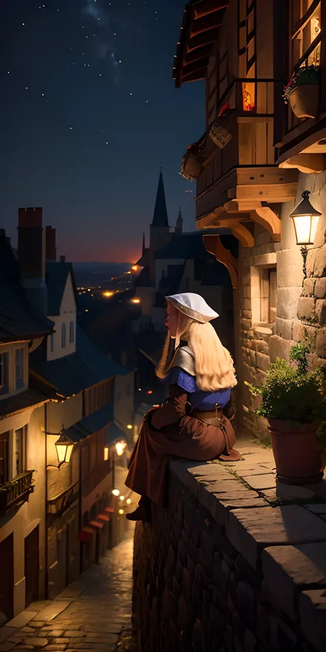 realisitic，Streets of medieval Europe at night、A girl is watching from the top of a hill