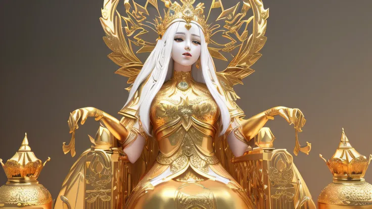 There is a white and gold statue of a woman wearing a crown, Goddess. Extremely high detail, unreal engine rendered + A goddess, (rendering by octane) Fantasy style, gilded lotus princess, fantasy style 8 k octane render, trending on cgstation, 3 d render ...