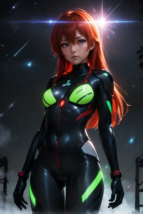 Asuka-Evangelion (((From face to the waist view::1. 4))), realistic skin texture, front view::1.0, in complex & hyper detailed sci-fi plugsuit (((wild glow effect))), panning photography::1, midnight hour illuminationr, (masterpiece), best quality, perfect...