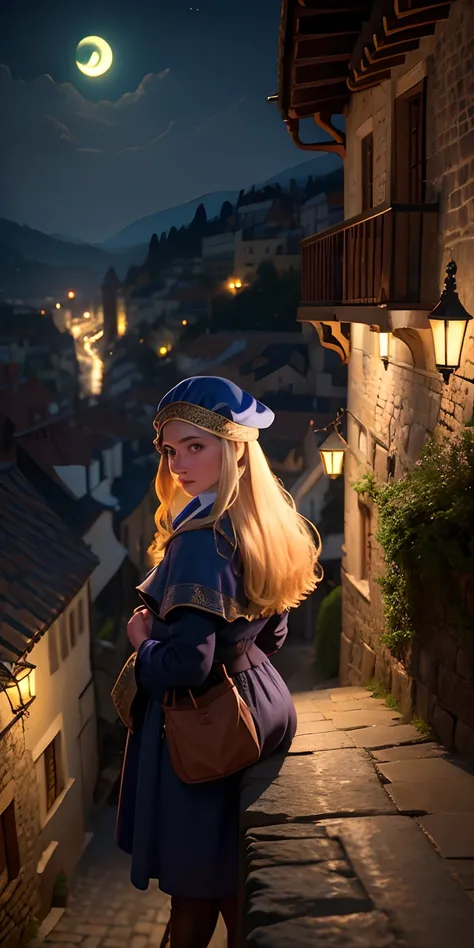 realisitic，Medieval European streets at night、A girl is watching from the top of a hill