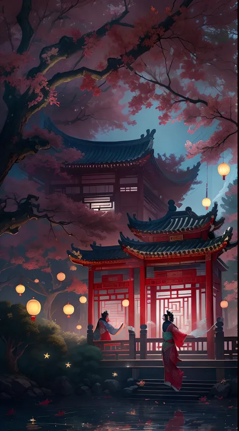 （Ancient Chinese beauties dancing：1.5），Surreal CG rendering Ancient China，Jiangnan old buildings and ancient cities have Yaolin Wonderland。a noite，a lua enorme：1.5，The stars are bright，The smoke is fascinating，Maple leaves and milk leaves are trees。paisage...