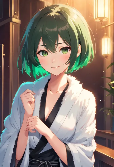 female with green fringe style bob haircut, wearing white fur lined robe, wearing v-neck black dress with high collar, wearing pearl necklaces, dominant pose, seductive smile, alone, solo, alone, (SOLO)(ALONE)