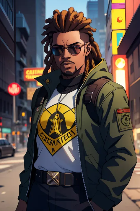 super high res, best quality, photo, 16k, (photorealistic: 1.2), cinematic lighting, 23 year old African American man who wears army camouflage clothing and is part of a team called the Crows, In addition he wears mirrored sunglasses and also has dreads in...