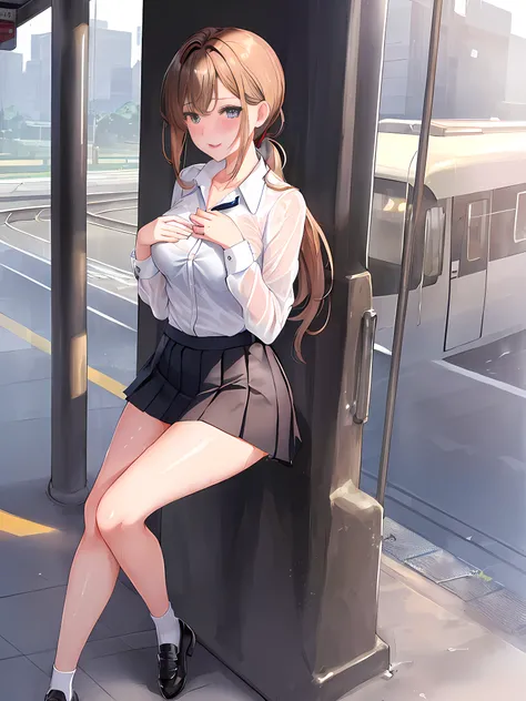 at a train station, summer, sweat and wet clothes, blouse translucent from the rain completely unbuttoned, perverted look, lustful pose, looking at the camera excitedly with a reddened face, a beautiful girl, high school student, /(beautiful perfect detail...