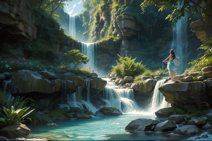 Goddess of water next to a waterfall, she in surrounded by water whips, dynamic,   glenn, river running between rock walls, tropical vegetation with luxurious colourful flowers, vines, hanging plants, illuminated by natural sunlight,highly detailed, photor...