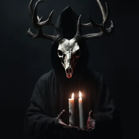 (a person wearing a black hooded robe and a satanic deer skull,a wax candle),(best quality,highres,gloomy,horror,satanic,dark color scheme),dimly lit background,gloomy atmosphere,flickering candle light,creepy vibes,detailed robe texture,dark and mysteriou...