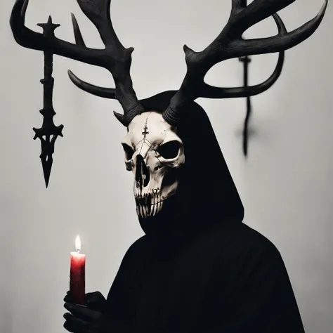 (a person wearing a black hooded robe and a satanic deer skull,a wax candle),(best quality,highres,gloomy,horror,satanic,dark color scheme),dimly lit background,gloomy atmosphere,flickering candle light,creepy vibes,detailed robe texture,dark and mysteriou...